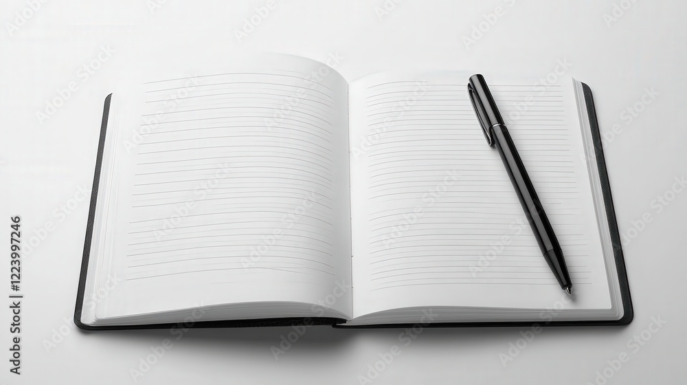 Poster clean white canvas with a diary page spread, showcasing its lined sections and elegant design detail