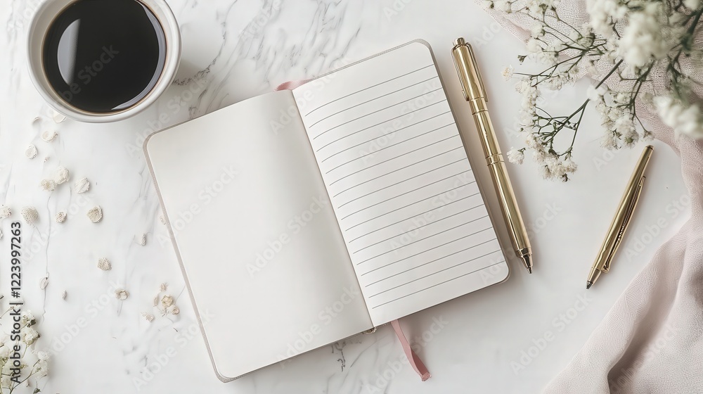 Poster clean white canvas with a diary page spread, showcasing its lined sections and elegant design detail