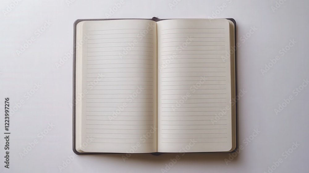 Poster clean white canvas with a diary page spread, showcasing its lined sections and elegant design detail