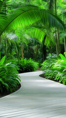 Tropical garden path, lush foliage, tranquility, wellness