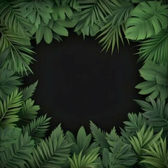 Tropical leaves frame, black background, nature design