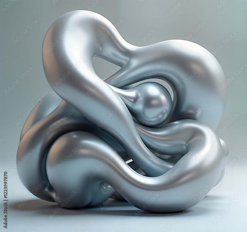 Aufkleber Abstract 3D organic shape. Metallic silver, grey forms interweave. Smooth flowing curves create surreal biomorphic design. Surreal liquid metal form on grey background. Modern, futuristic concept.