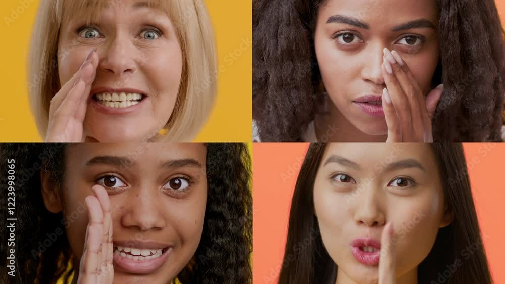 Poster a collage features four individuals with diverse backgrounds, all sharing positive emotions. each pe