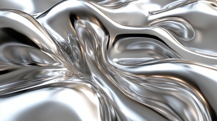Glossy Silver Metal Surface with Fluid Patterns and Reflective Chrome Finish Capturing Water-Like Movement and Depth in Dynamic Design