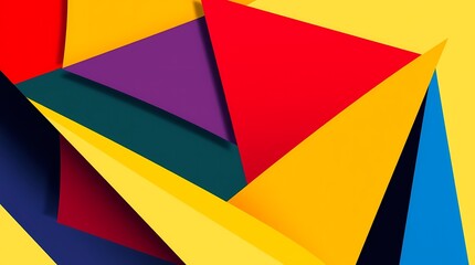 A bold abstract artwork characterized by geometric shapes with sharp edges in primary colors, rendered digitally with a high resolution and clean lines, showcasing a dynamic interplay of color