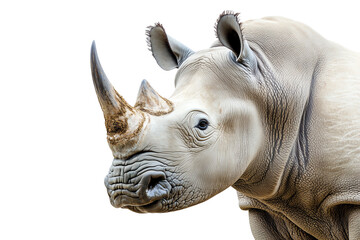 Fototapeta premium A close-up view of a rhinoceros, showcasing its distinct horn and textured skin against a clean white background.