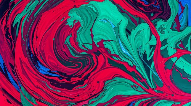 A close-up abstract image depicting swirling textures and vibrant hues of deep crimson, sapphire, and emerald green, rendered in a dynamic, expressionistic style with visible brushstrokes, mim
