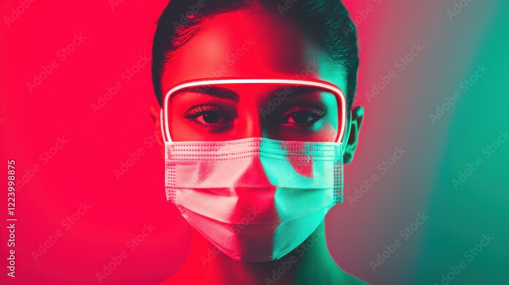 Poster pm2.5 protect concept. high tech face mask with embedded led display and futuristic design
