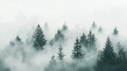 serene evergreen forest, where mist softly envelops the tall trees, creating a tranquil and ethereal atmosphere