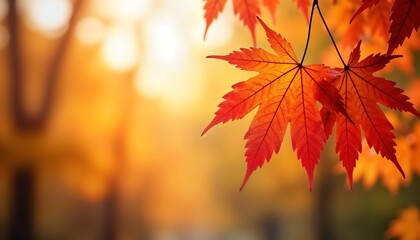 Fototapeta premium Autumnal maple leaves vibrant colors. Beautiful fall foliage. Sunlight highlights red and orange hues. Defocused background creates bokeh effect. Nature scene perfect for autumn themes.