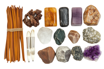 A collection of various crystals and stones arranged artfully on a white background, showcasing their unique colors and textures.