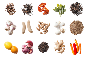 A collection of various herbs, spices, and vegetables arranged in an artistic layout on a white background.
