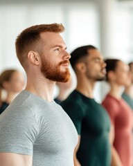 Fototapeta premium Diverse Group of Individuals Practicing Mindfulness and Meditation in a Bright Modern Studio Setting