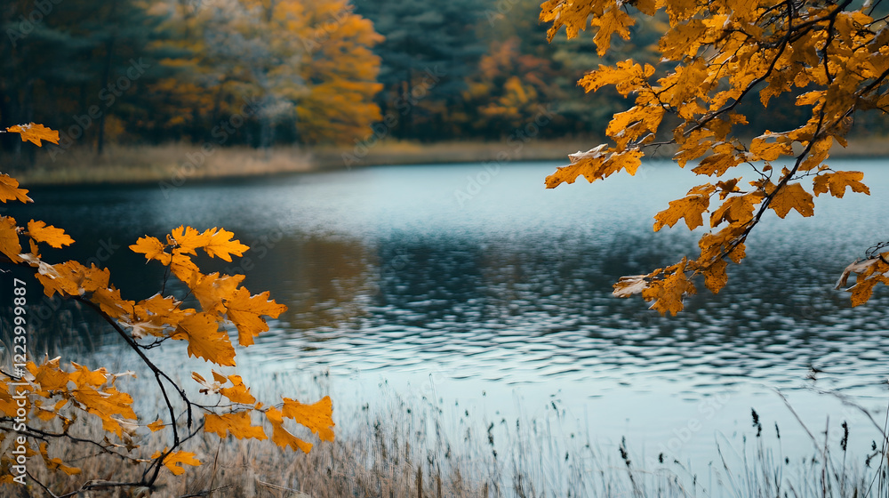 Aufkleber autumn leaves frame scenic lake with calm water and forest background : generative ai