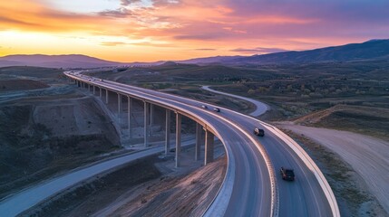 Elevated highway sunset landscape, vehicles driving, mountains background, travel advert