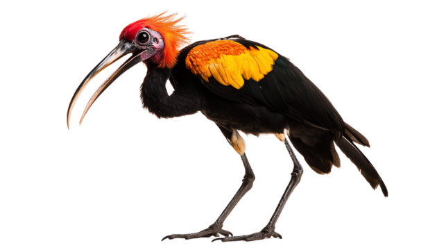 A colorful bird with striking orange and black plumage, showcasing a long bill and unique appearance, standing on a white isolated background.