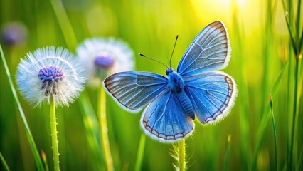Fototapeta premium Common Blue Butterfly on Dandelion in Beautiful Natural Setting - Macro Photography, Wildlife, Nature, Close-up, Insect, Spring, Pollinator, Floral, Outdoor