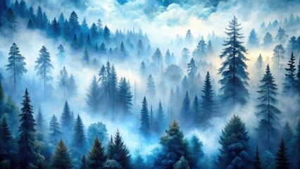 Fototapeta premium Enigmatic Blue & Gray Misty Forest Watercolor Macro Landscape Art