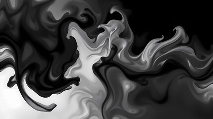 A monochromatic abstract composition featuring swirling grayscale forms, reminiscent of ink blots, rendered in a high-contrast style with sharp edges and smooth transitions between light and d