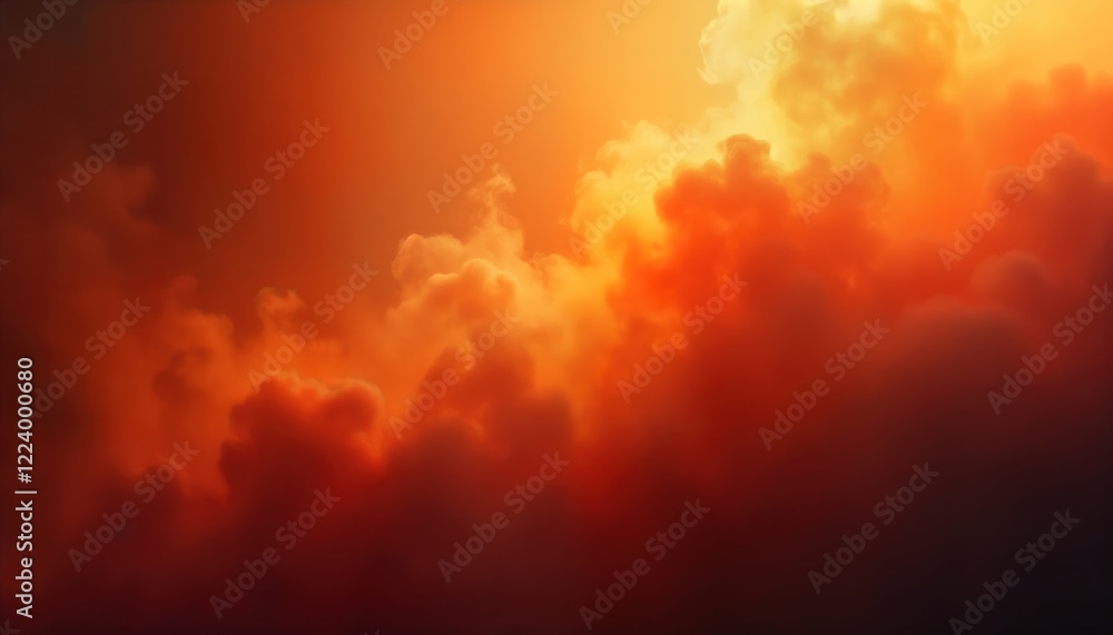 Poster fiery orange gradient sky with dramatic clouds evokes intense heat, possible inferno. clouds blend i