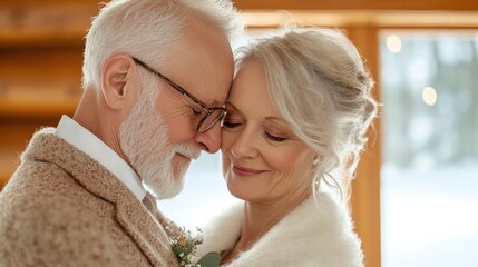 Romantic Moment of a Mature Couple Embracing in a Cozy Setting with Snowy Background and Warm Lighting