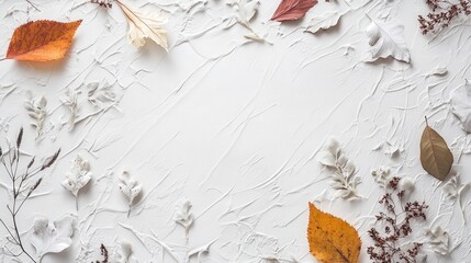 Clean white canvas with intricate autumn leaf designs and subtle plant elements, resembling textured paper