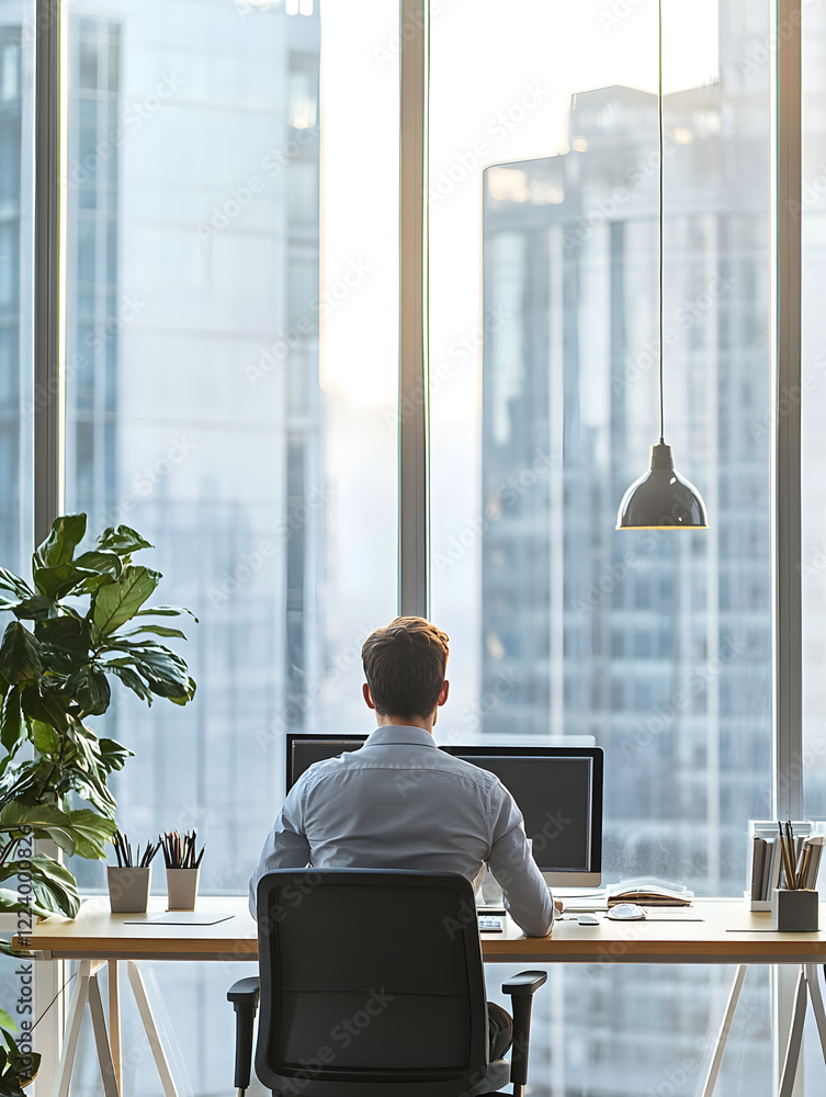 Poster man working in urban office with large windows overlooking cityscape : generative ai