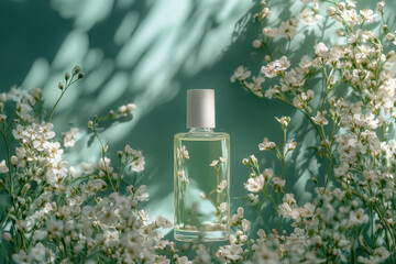 glass bottle filled with clear liquid is surrounded by delicate white flowers against soft green background, creating serene and refreshing atmosphere