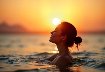 Woman enjoys serene sunset by the sea. Relaxing in shallow water. Optimistic happy mood. Beautiful tropical coastal scenery. Vacation destination in summer. Freedom and leisure at its best.