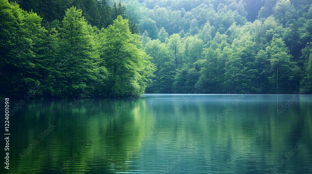 Poster serene forest reflection on calm lake surrounded by lush green trees : generative ai
