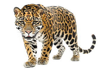 Obraz premium A majestic jaguar with striking spots, showcasing its powerful presence in a natural stance, perfect for wildlife enthusiasts and photographers.