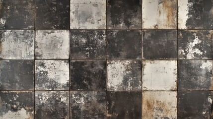 Fototapeta premium A weathered concrete wall with a grid pattern of panels, showcasing subtle imperfections and a rustic charm.