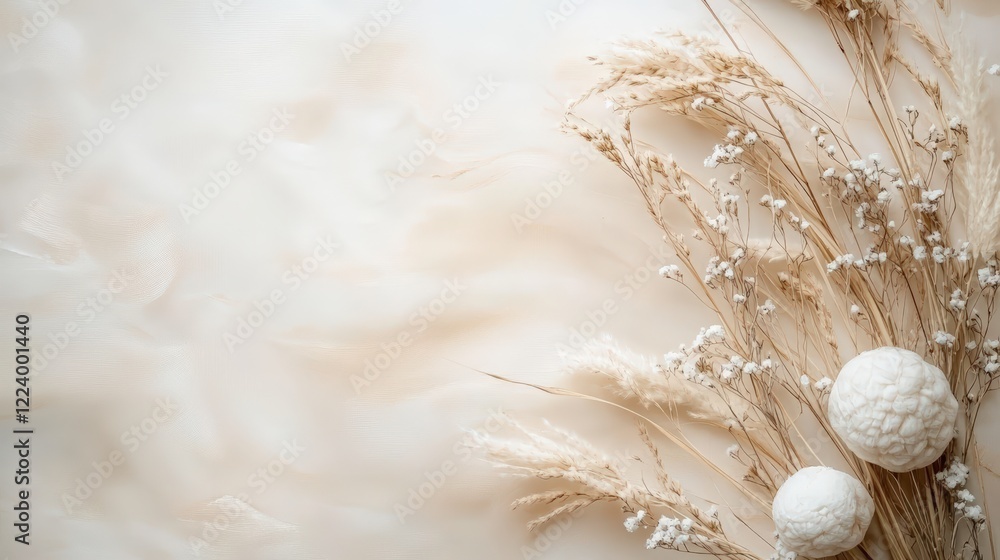 Poster boho style background with dried flowers and natural elements for elegant and minimalist design proj