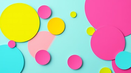 A playful abstract design using rounded shapes and bright, saturated colors like fuchsia, turquoise, and lime green, rendered in a playful collage style with paper cutouts and digital manipula