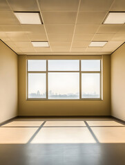 Empty Office Room with Large Window Overlooking City Skyline for Business Themes and Urban Life : Generative AI