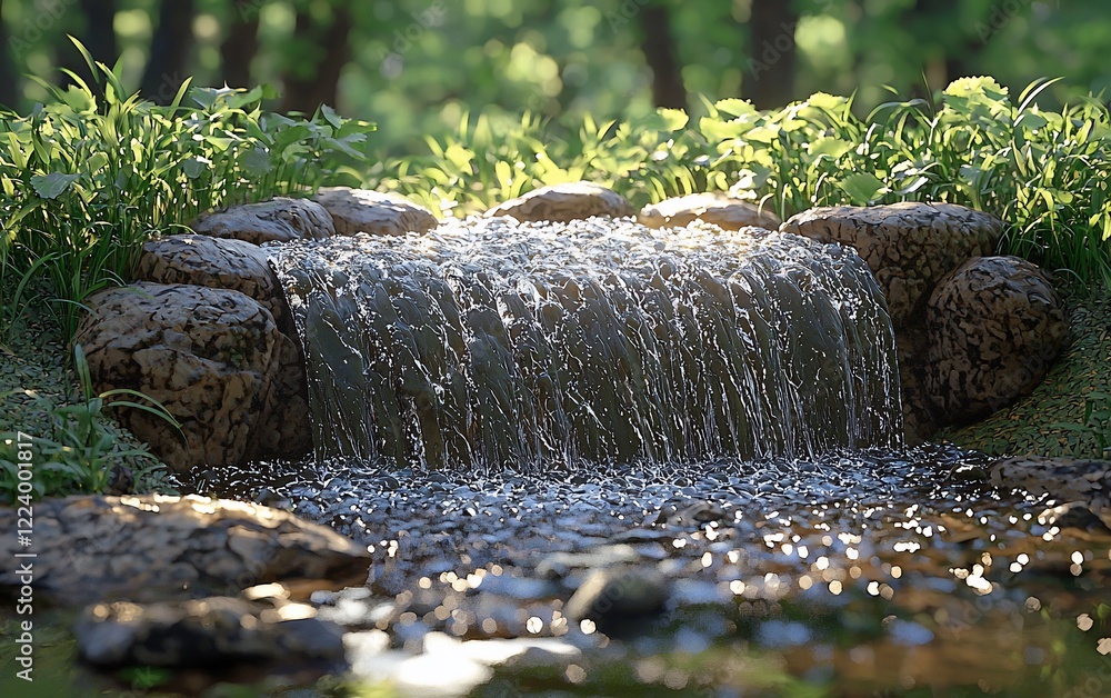 Poster small waterfall cascading over rocks in a lush forest.