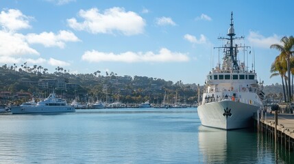 Majestic Harbor Scene with a Ship Docked Under a Clear Blue Sky