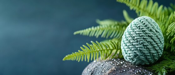 A colorful yarn Easter egg on a fern-covered rock in a natural setting. Handmade Easter day decoration.
