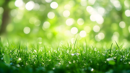 Obraz premium Fresh Dew on Grass Blades Glowing in Morning Sunlight Bokeh Background : Generative AI