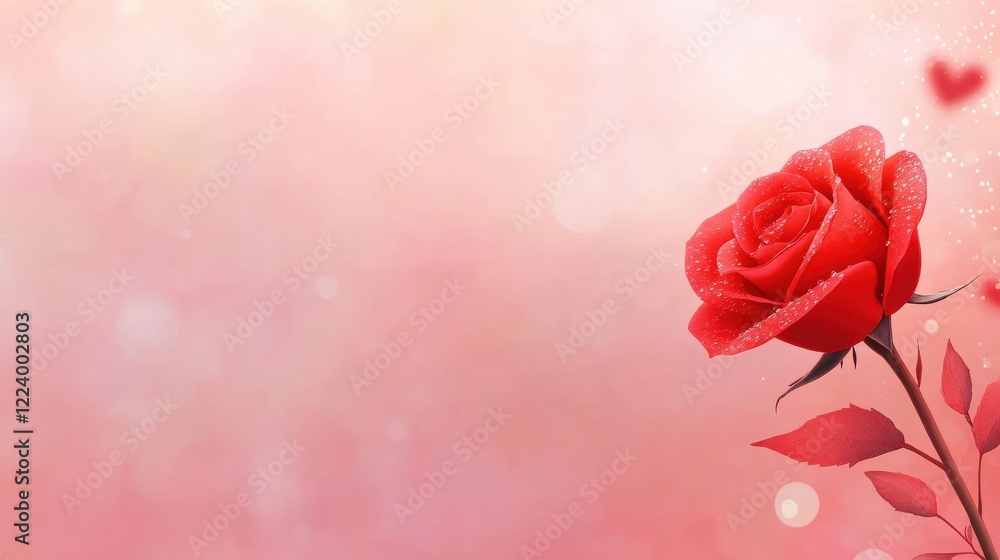 Poster elegant red rose on soft blurred background with bokeh effect and romantic heart shapes theme