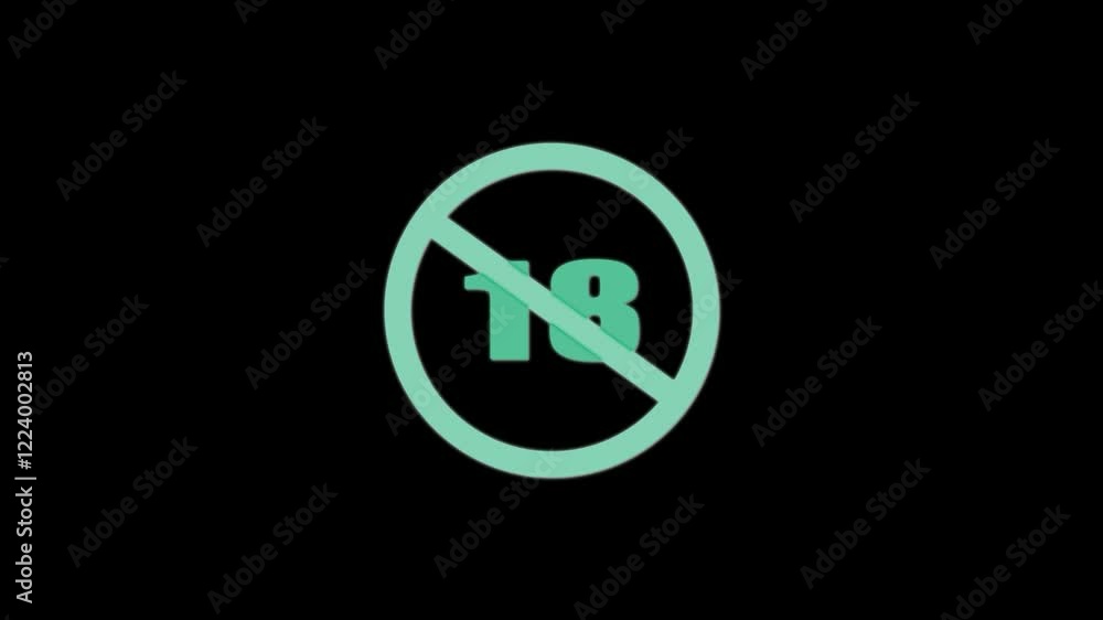 Poster no under 18 sing icon animation on black background.18 not allowed icon. no under 18 sing icon anima
