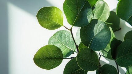 fresh green leaves from a tree, highlighting their intricate patterns against a clean white backdrop
