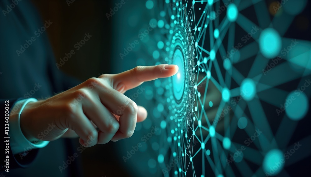 Poster Hand interacts with glowing digital interface. Data points connect forming network. Tech illustration captures AI, network connectivity concepts. Person uses touch screen. Tech design, analysis of
