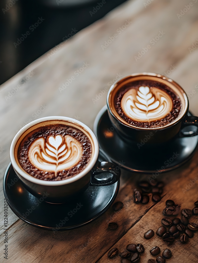 Poster artistic coffee cups with beautiful latte art and coffee beans on rustic wooden table : generative a