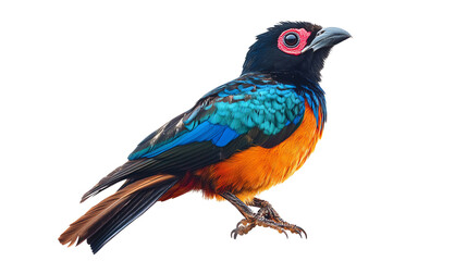 Fototapeta premium A vibrant and colorful bird with striking hues of blue, orange, and black, perched gracefully against a white isolated background.