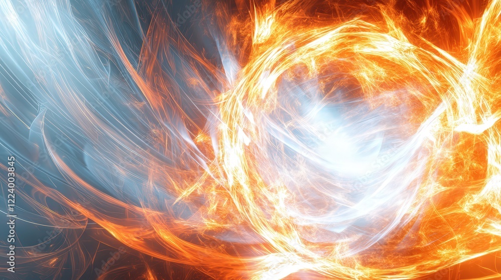 Poster vibrant, fiery energy circle, with glowing lines and dynamic flames creating a striking and intense 
