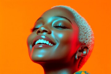 Short trim - highlighted hair. Commercial ad campaign conceptual art layout. Attractive smiling black girl - for ads, media and web marketing use. Stylish african american girl. Black model.