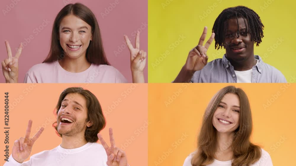 Poster four individuals of different backgrounds are showcasing joyful emotions with peace signs. each is s