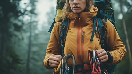 Obraz premium Close-up of a female climber in a sleek suit, organizing her climbing tools in her backpack, natural diffused light, theme of strategy and strength, focused editorial style