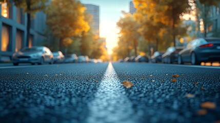 Obraz premium Autumnal City Street Scene Cars Parked Along a Road with Fallen Leaves